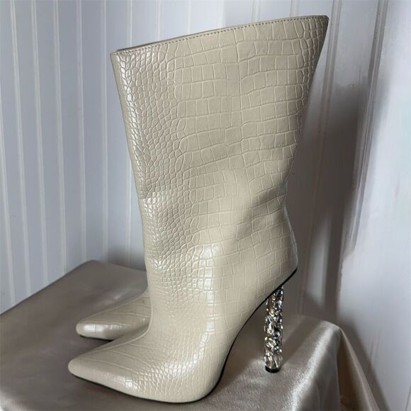 Azalea Wang Cream Croc Embossed Crystal Heel Pointed Toe Boots Size 7.5 - Picture 2 of 9